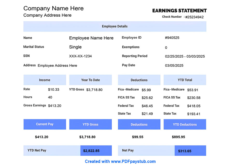 Paystub with detailed tax breakdown