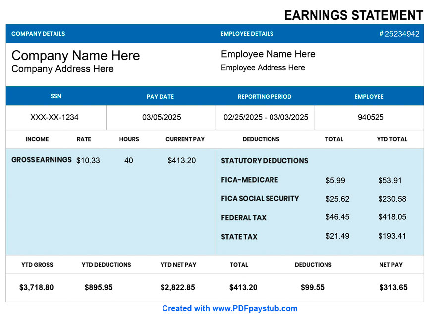 Weekly paystub sample showing earnings breakdown